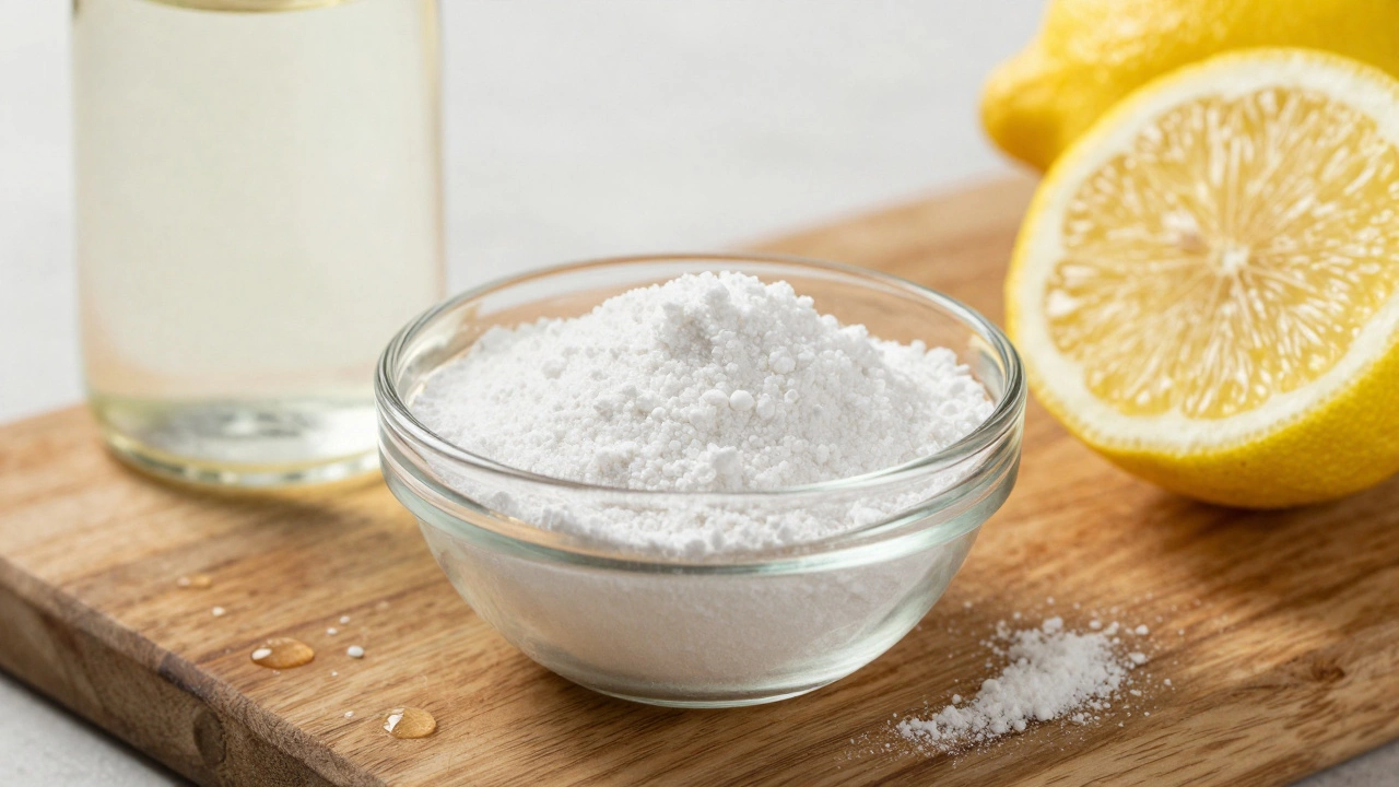Glass bottle of white vinegar, baking soda, and a sliced lemon on a wooden board