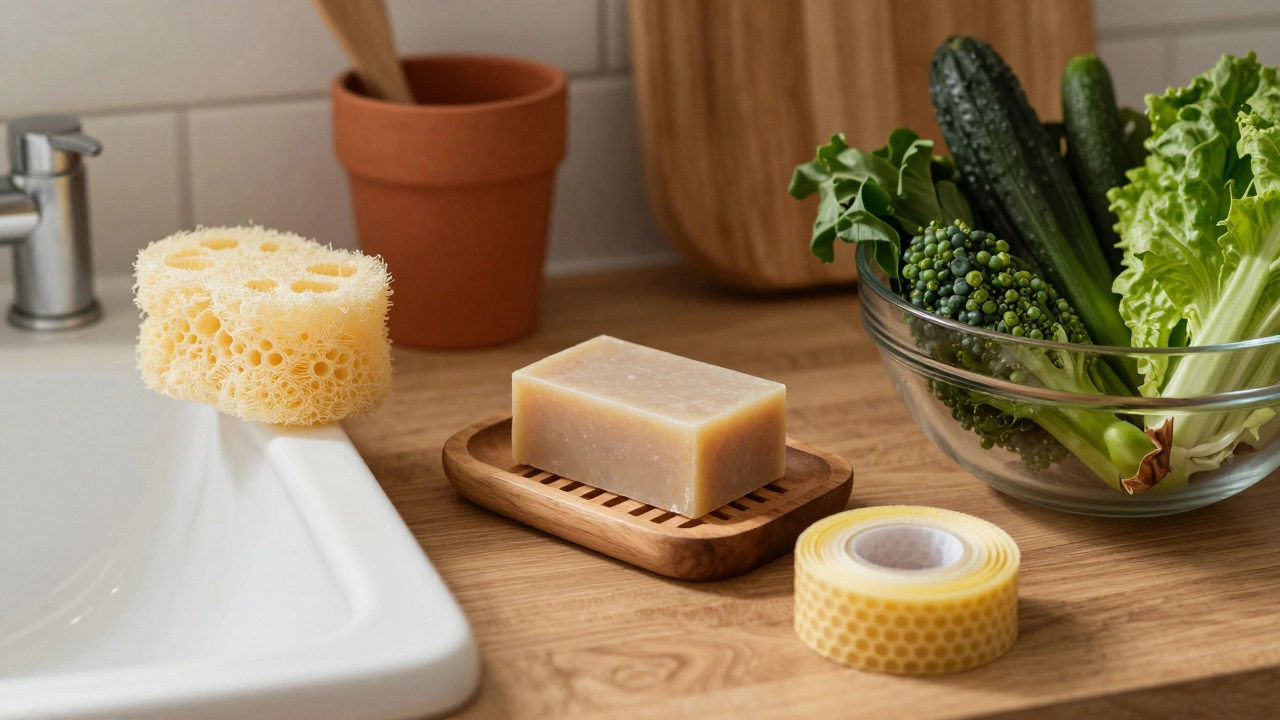 Luffa sponge, bar soap, and beeswax wraps in a sustainable, earth-toned kitchen