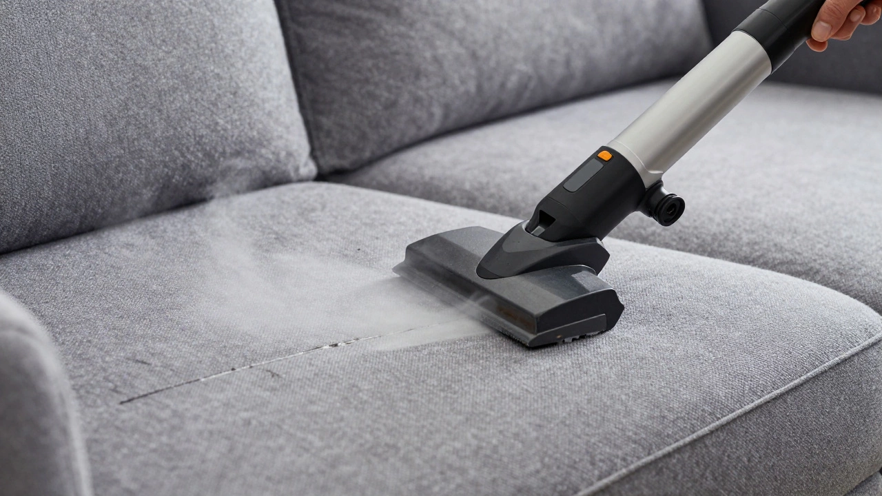 Professional upholstery extractor cleaning a grey sofa cushion