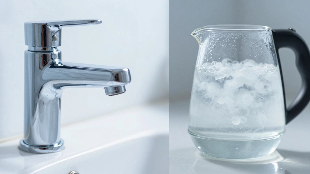 Split screen showing a polished chrome faucet and a descaled glass kettle