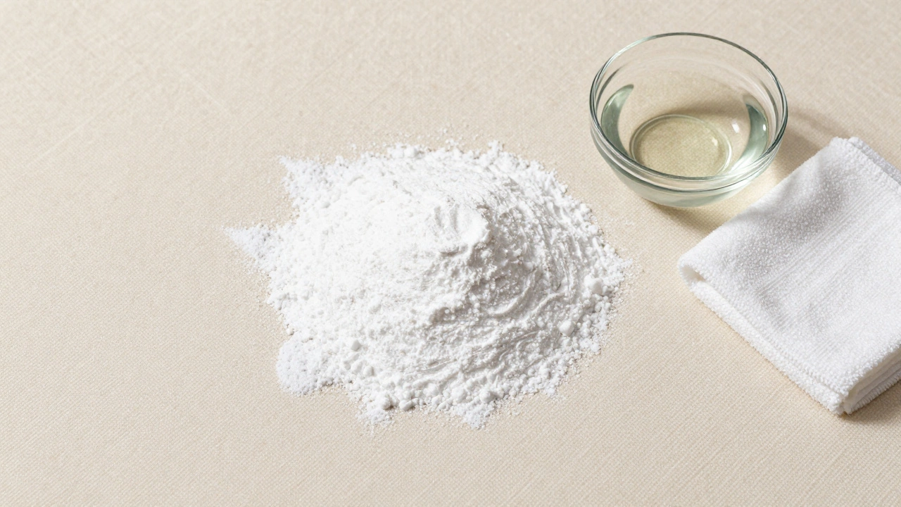 Baking soda sprinkled on a mattress for deodorizing, with cleaning supplies nearby