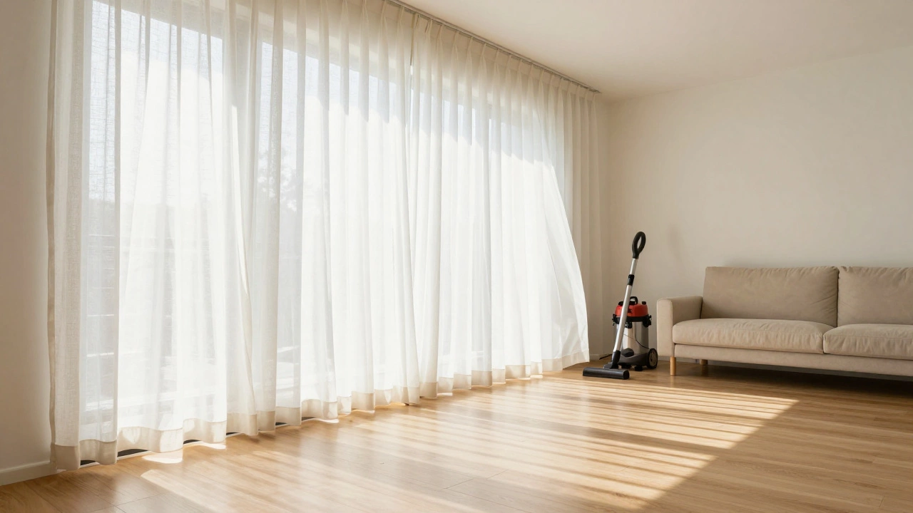 Bright, pristine living room with clean curtains and polished floors after deep cleaning.