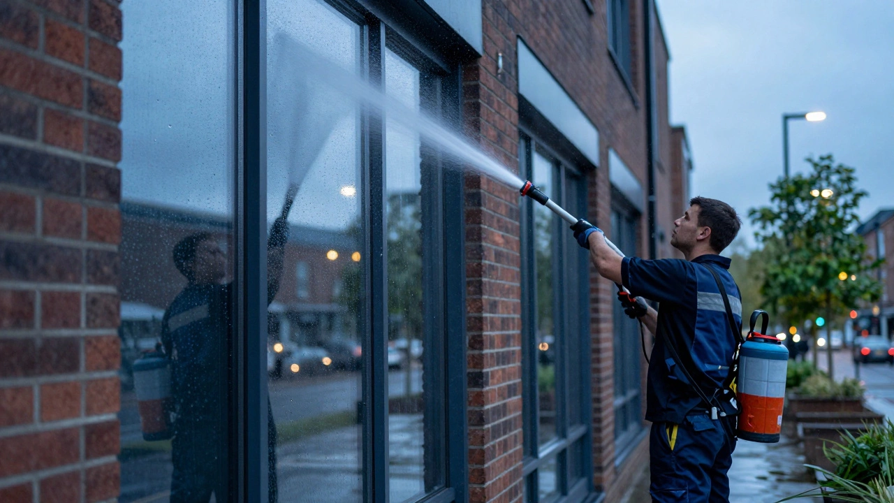 Cleaner using a pure water system on a building exterior in early morning light