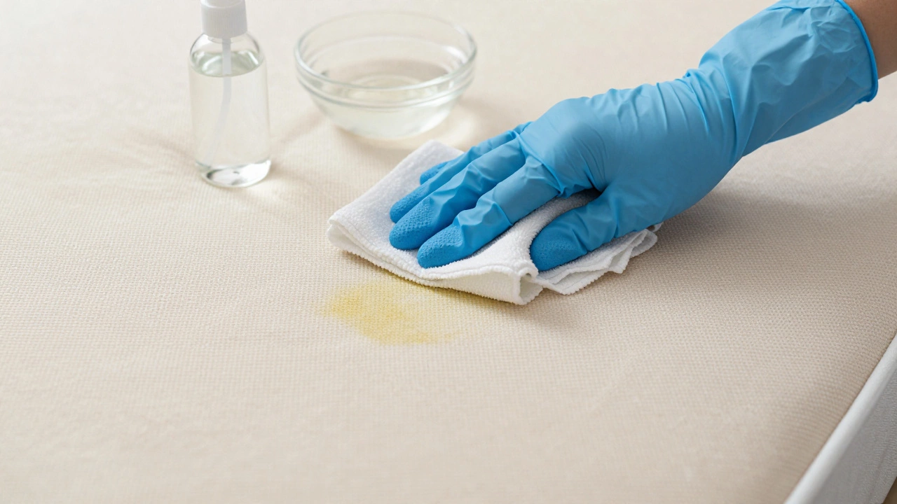 Close-up of a hand blotting a mattress stain with a cloth and cleaning solutions nearby
