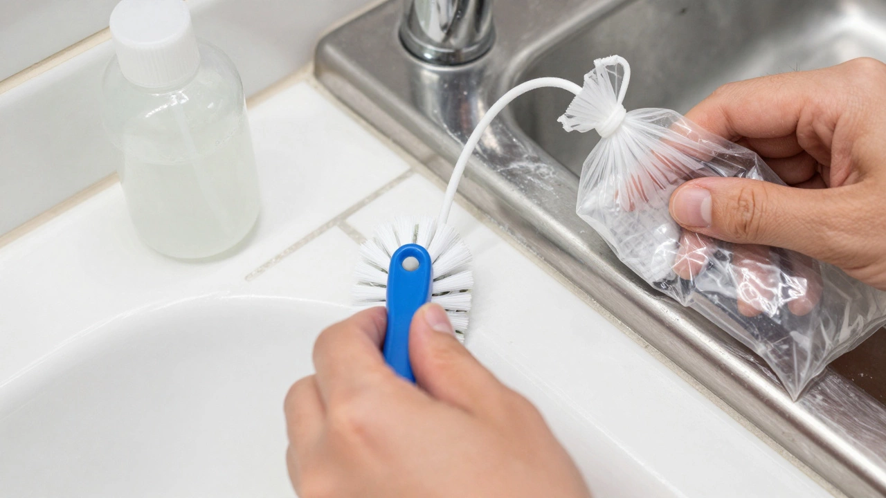 Close-up of hands scrubbing tile grout and descaling a showerhead with vinegar.