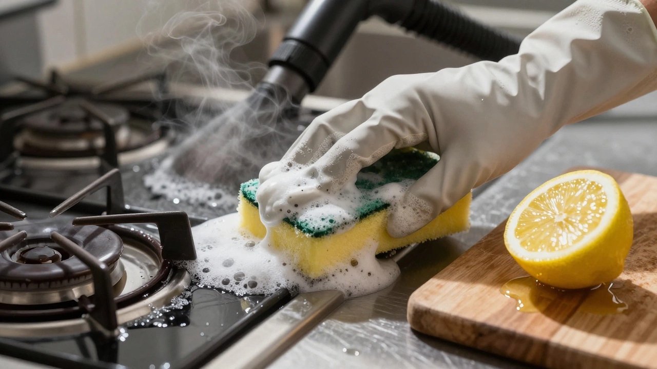 Close-up of hands using baking soda and lemon to scrub a greasy stovetop and tiles.