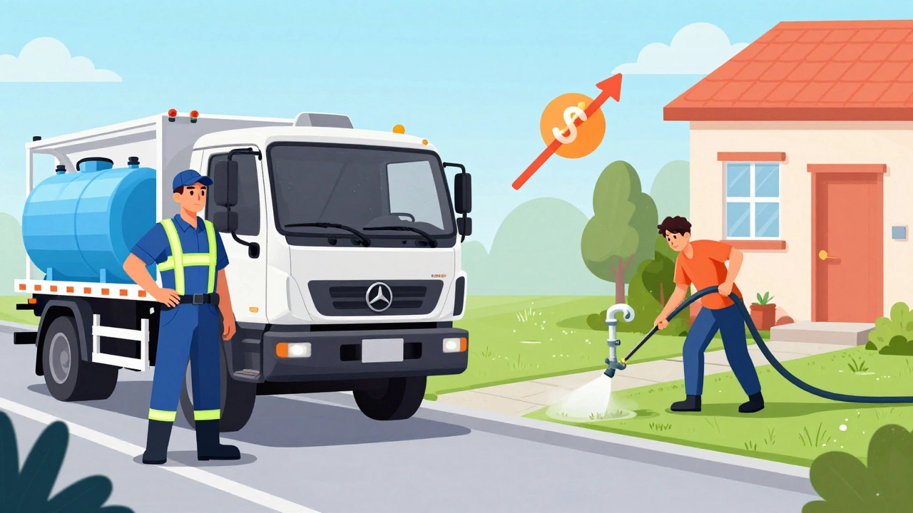 Comparison illustration showing safe tanked pressure washing versus risky tap-connected methods.