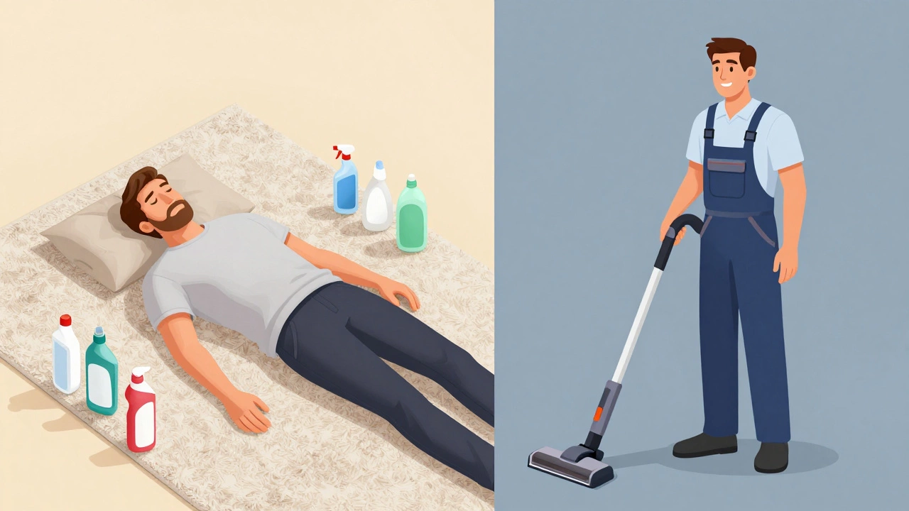 Comparison of tired DIY cleaner versus efficient professional using industrial equipment.