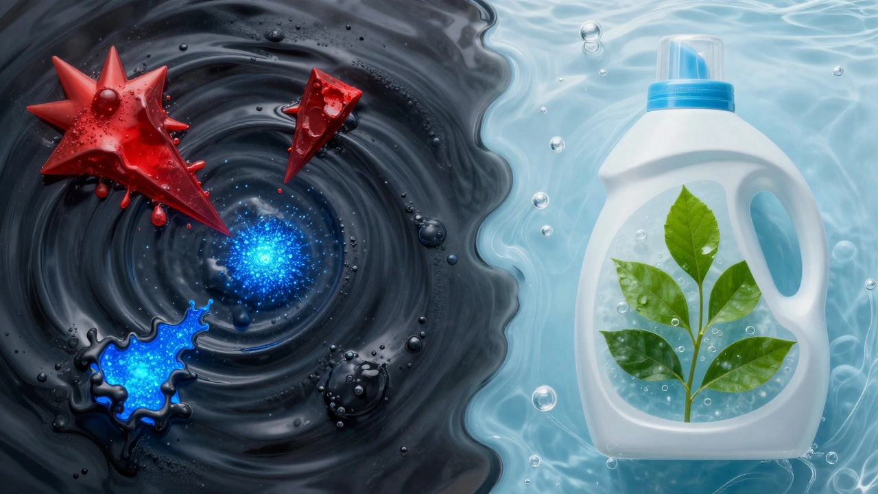 Conceptual art contrasting toxic chemicals with clean plant-based ingredients
