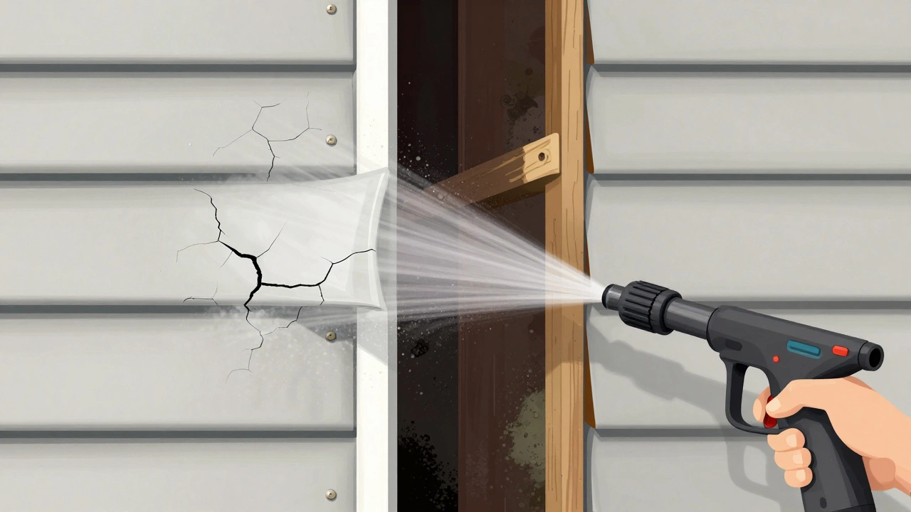Cross-section showing water forcing behind vinyl siding causing rot