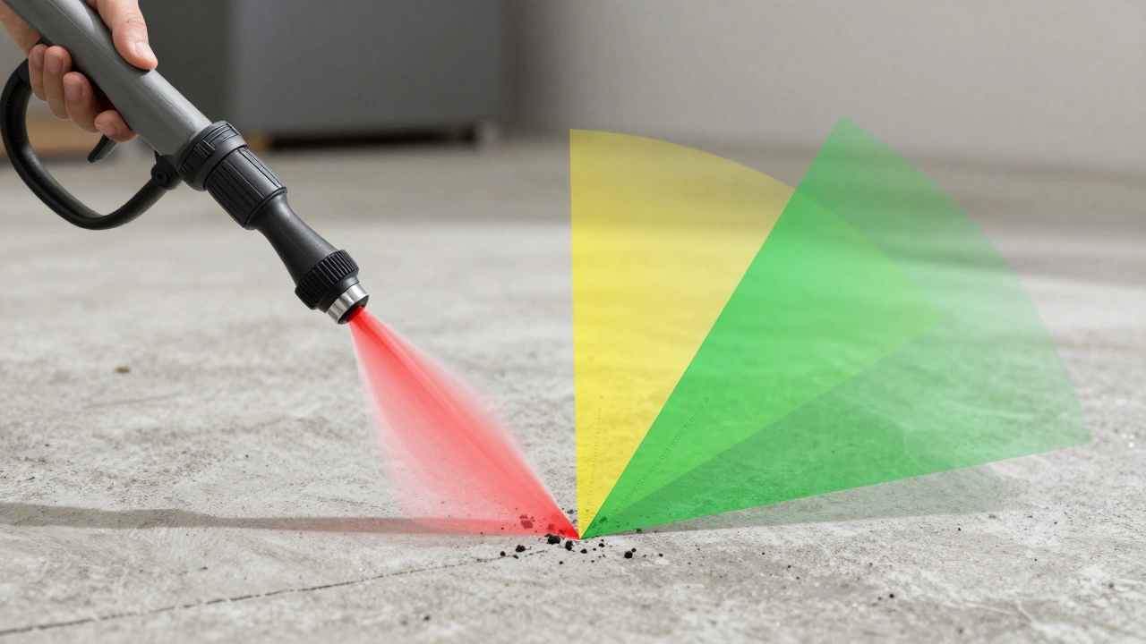 Diagram illustrating different pressure washer nozzle angles on concrete