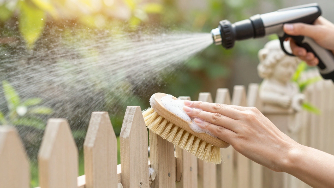 Hands gently scrubbing a wooden fence with soap and soft brush