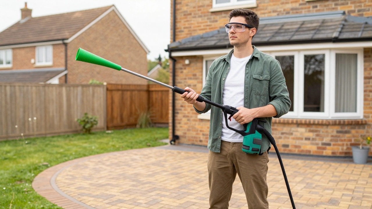 Homeowner safely cleaning patio with mid-range washer