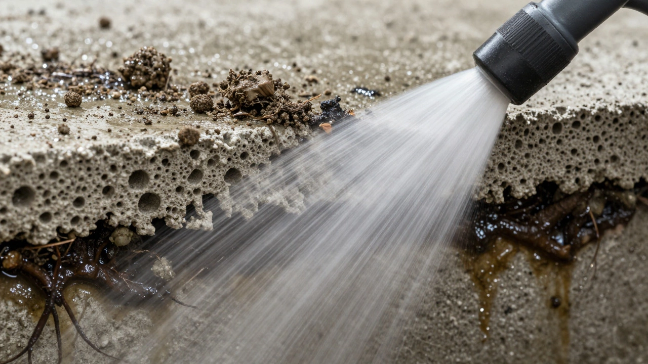 Macro view of water blasting loose dirt while mold roots remain in concrete
