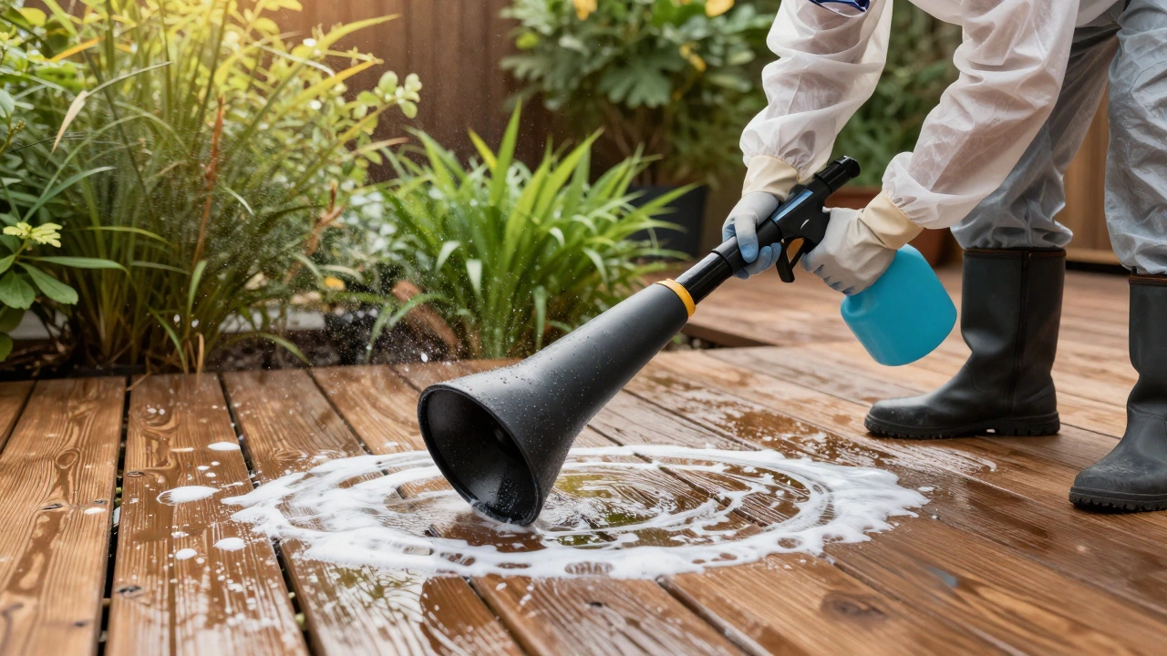 Person in safety gear applying soap to a wooden deck with low pressure