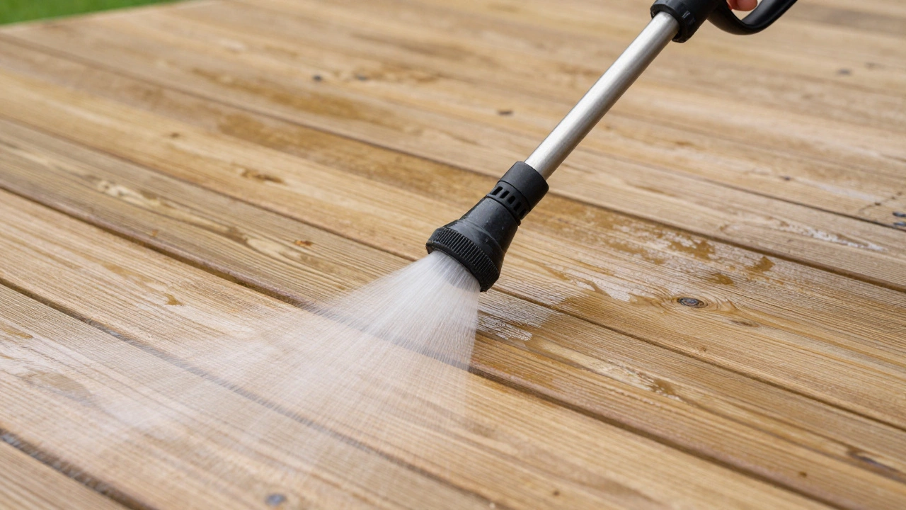 Person pressure washing a wooden deck with proper moving technique