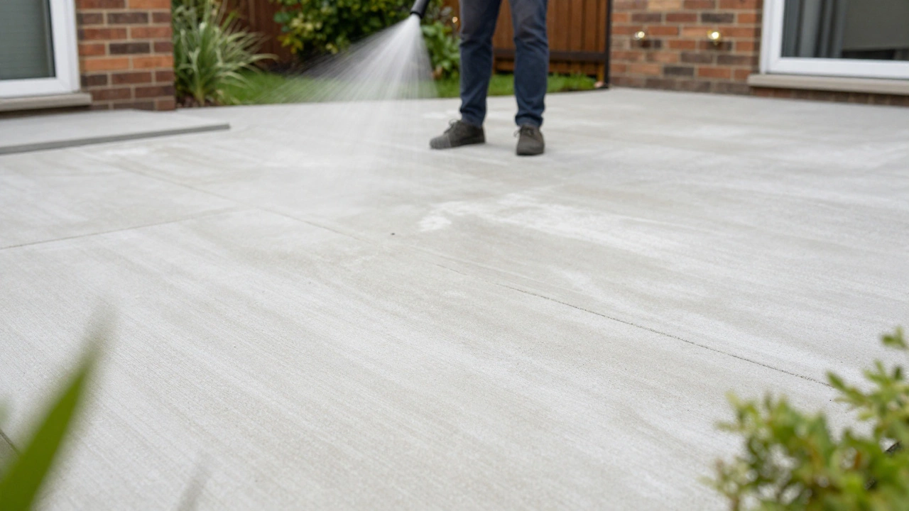 Person safely cleaning a patio with a wide-angle spray nozzle