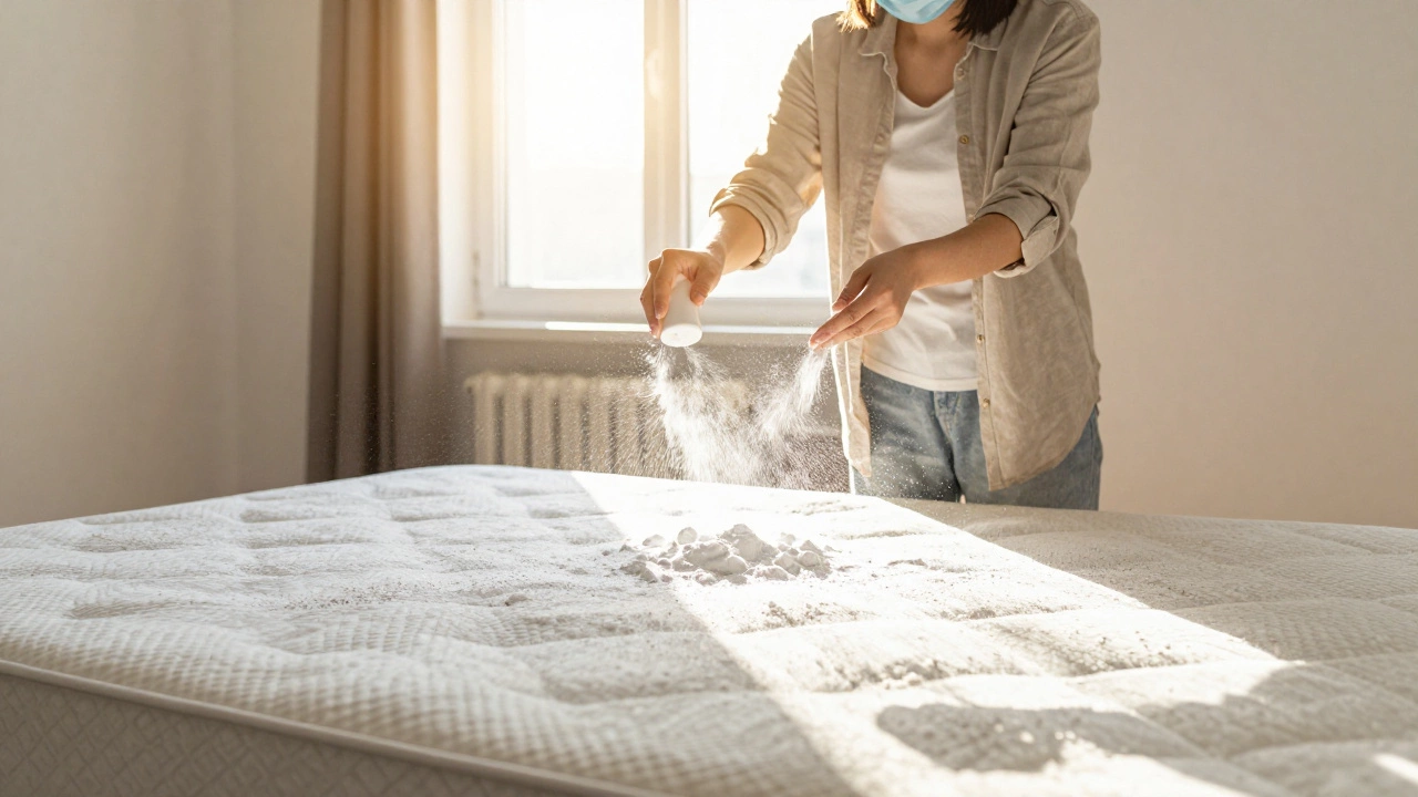 Person sprinkling baking soda on a mattress in a sunlit room while wearing a mask