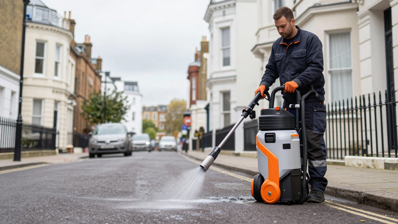 Professional using a self-contained tanked pressure washer on a narrow UK driveway.