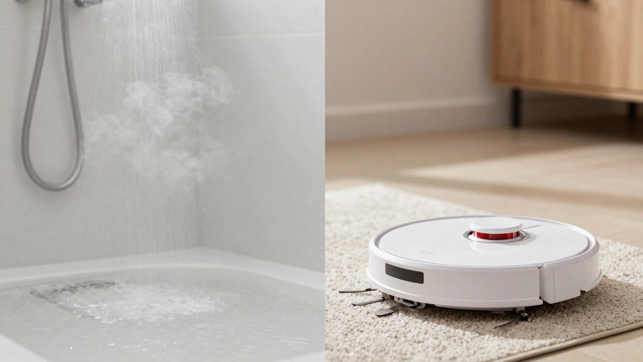 Split view of a sparkling clean bathroom and a robot vacuum on a rug