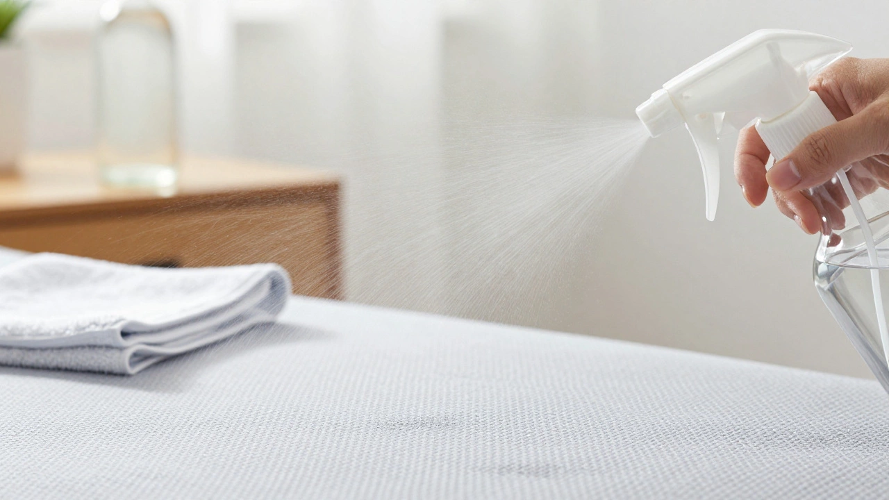 Spray bottle misting vinegar solution onto mattress fabric texture