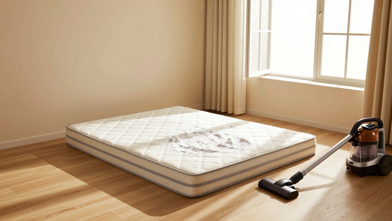Stripped mattress airing out by an open window with vacuum nearby