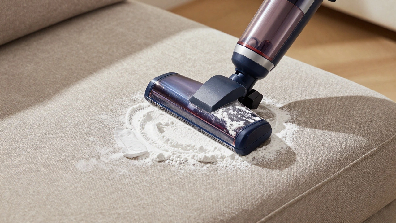 Vacuum upholstery attachment near baking soda on sofa