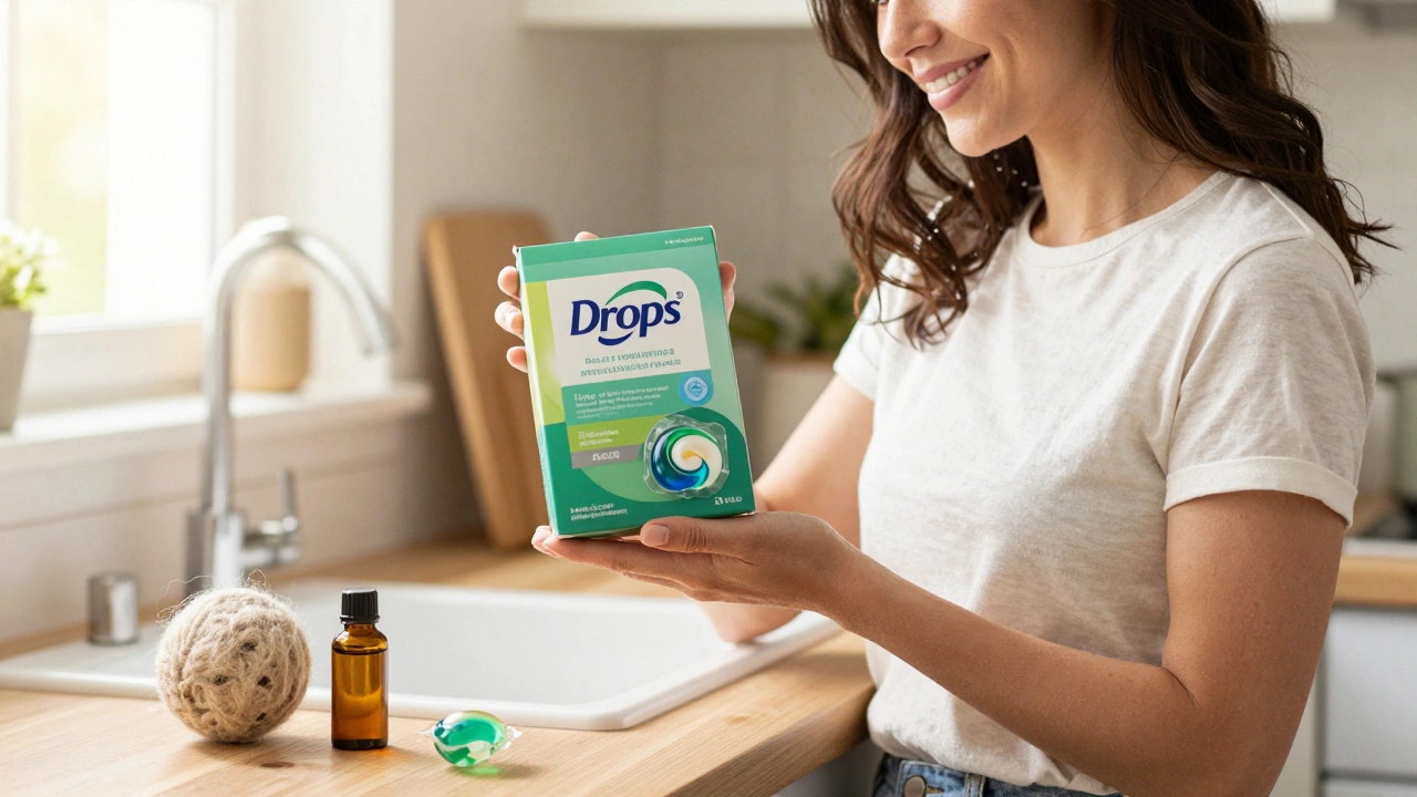 Woman holding eco-friendly laundry pods and wool dryer balls