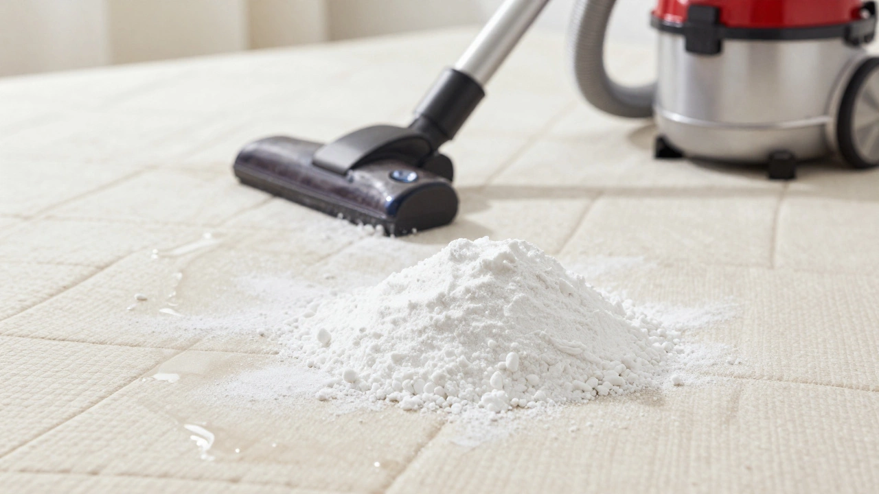 Baking soda sprinkled on mattress for odor removal