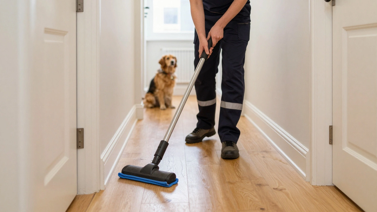 Cleaner dusting skirting boards in a tidy, clutter-free hall