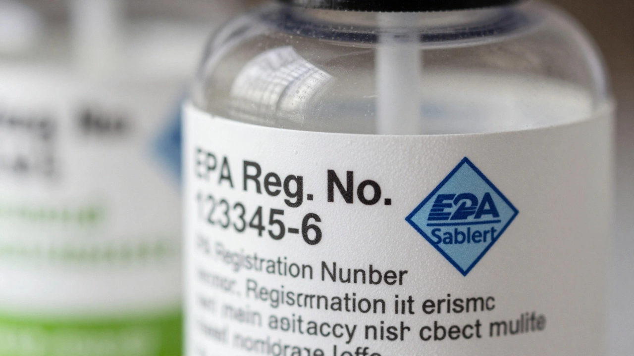 Close-up of cleaning product label showing EPA registration number and Safer Choice logo for verification