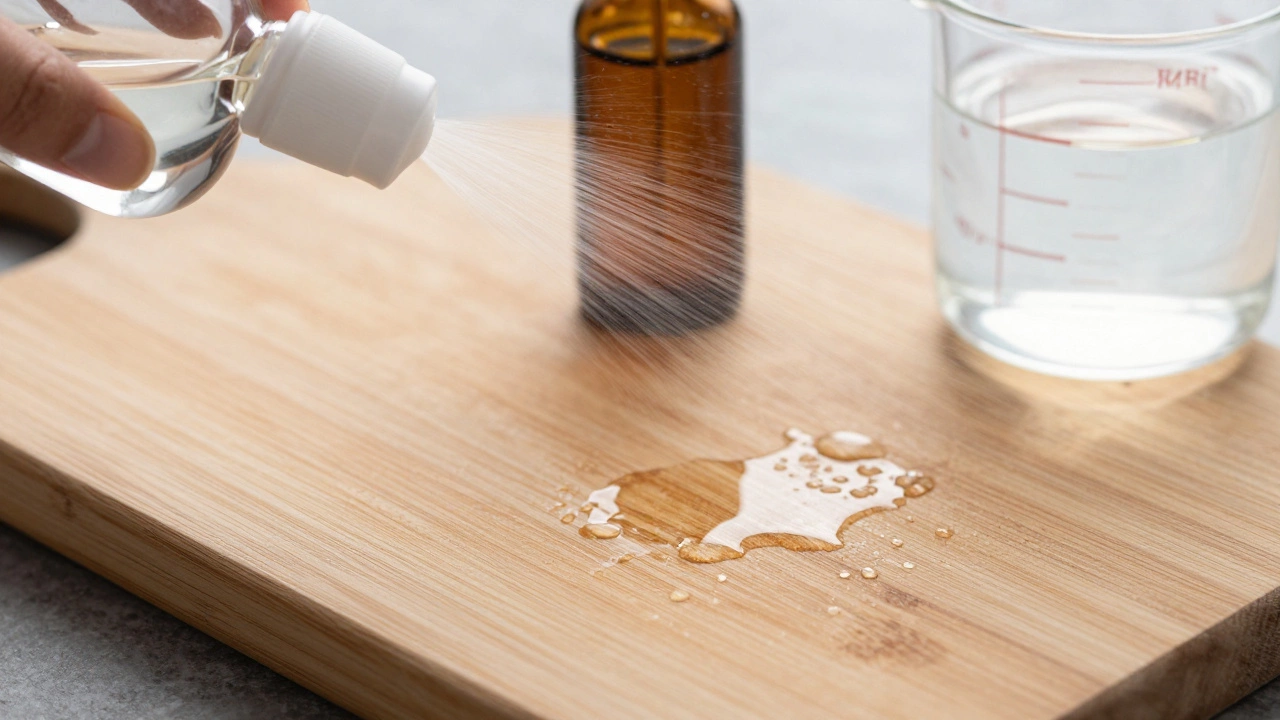Close up of hydrogen peroxide spray disinfecting a wooden cutting board.