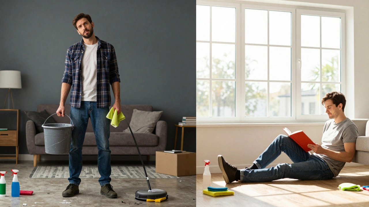 Contrast between messy DIY cleaning and bright, clean rooms with pros