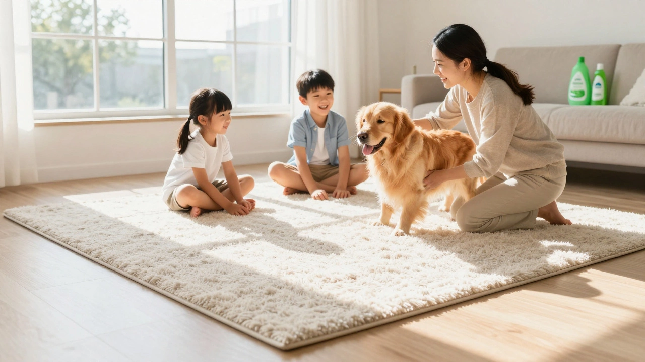 Family and dog playing on a fresh, dry carpet in a sunny living room