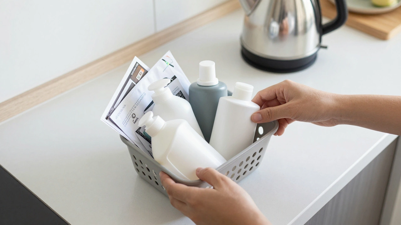 Hands organizing items on a kitchen counter for tidying
