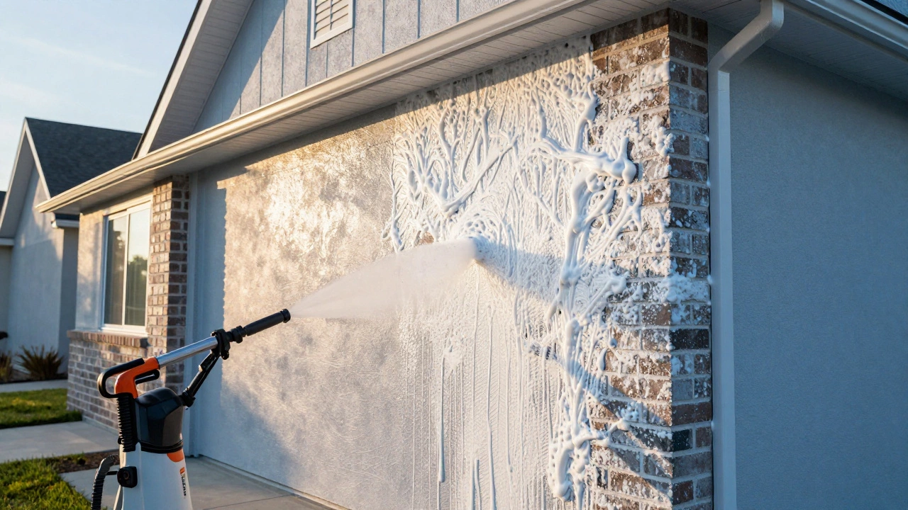 House exterior covered in thick white cleaning foam for dwell time