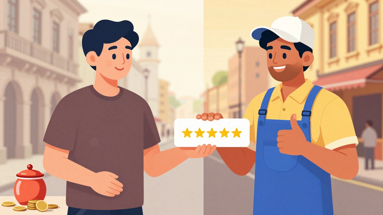 Illustration contrasting Western tipping habits with Indian review-based appreciation