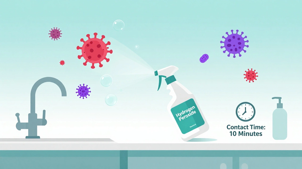 Illustration of hydrogen peroxide disinfectant breaking down viruses into water and oxygen on a kitchen counter
