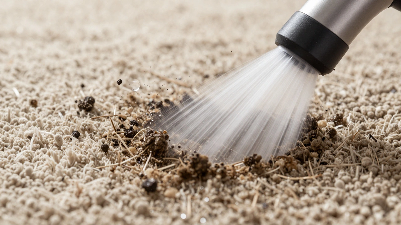 Macro shot of hot water jetting dirt out of deep carpet fibers during cleaning