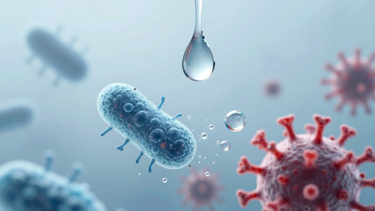 Macro view of disinfectant drop destroying stylized bacteria and viruses