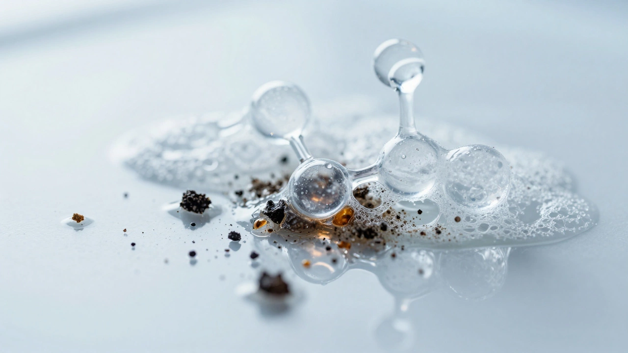 Macro view of plant-based surfactants lifting grease from a surface