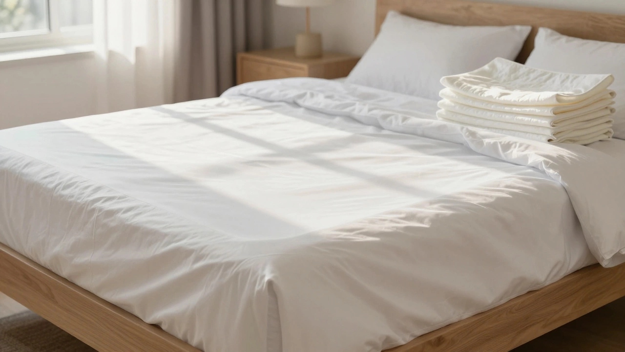Mattress covered with waterproof protector in sunny room
