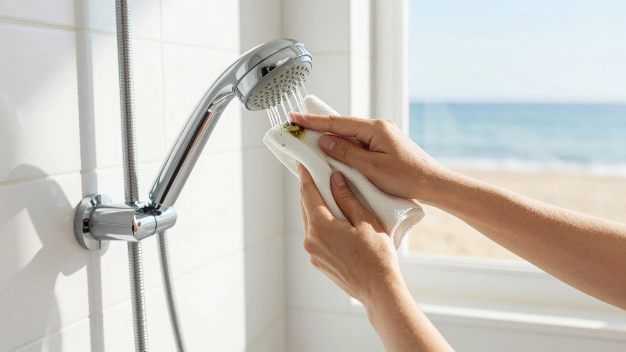 Person cleaning a showerhead with eco-friendly solution in a sunny bathroom