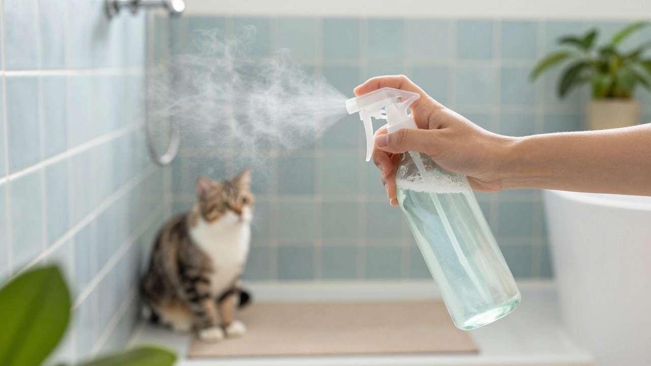 Pet-safe natural disinfectant being used in a bright, clean bathroom.