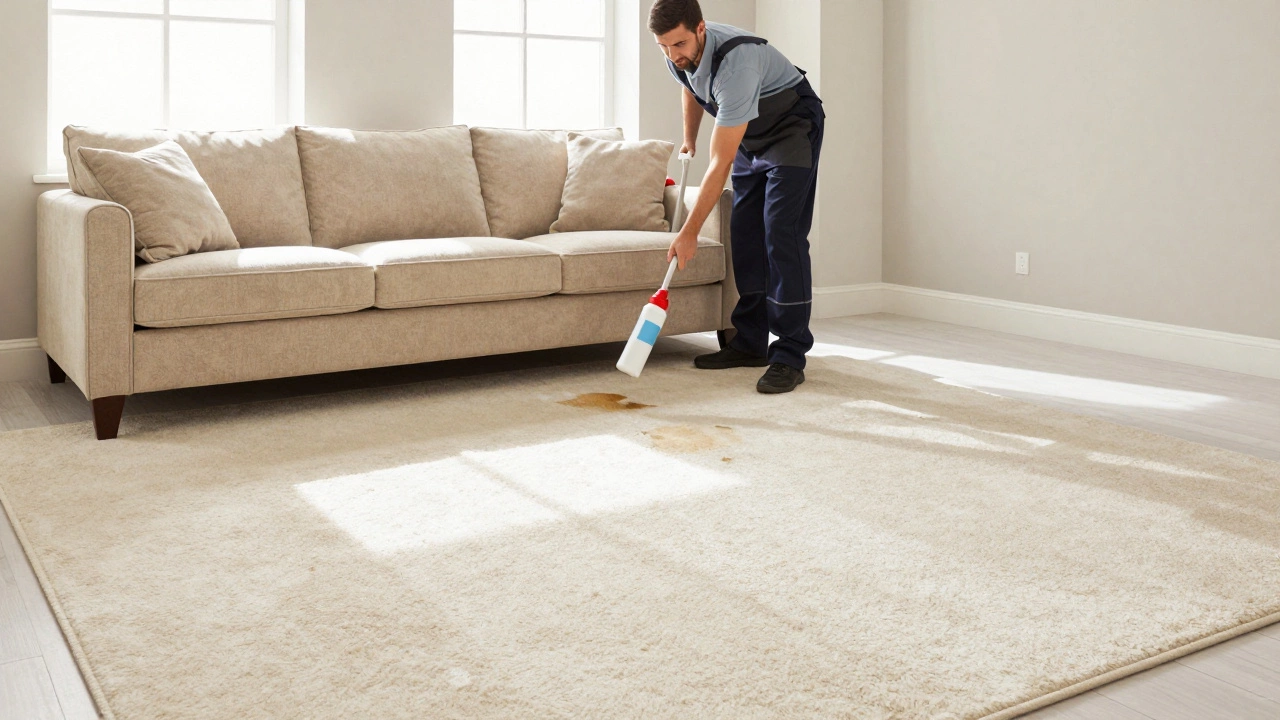 Professional cleaners treating stains and moving furniture in a bright living room