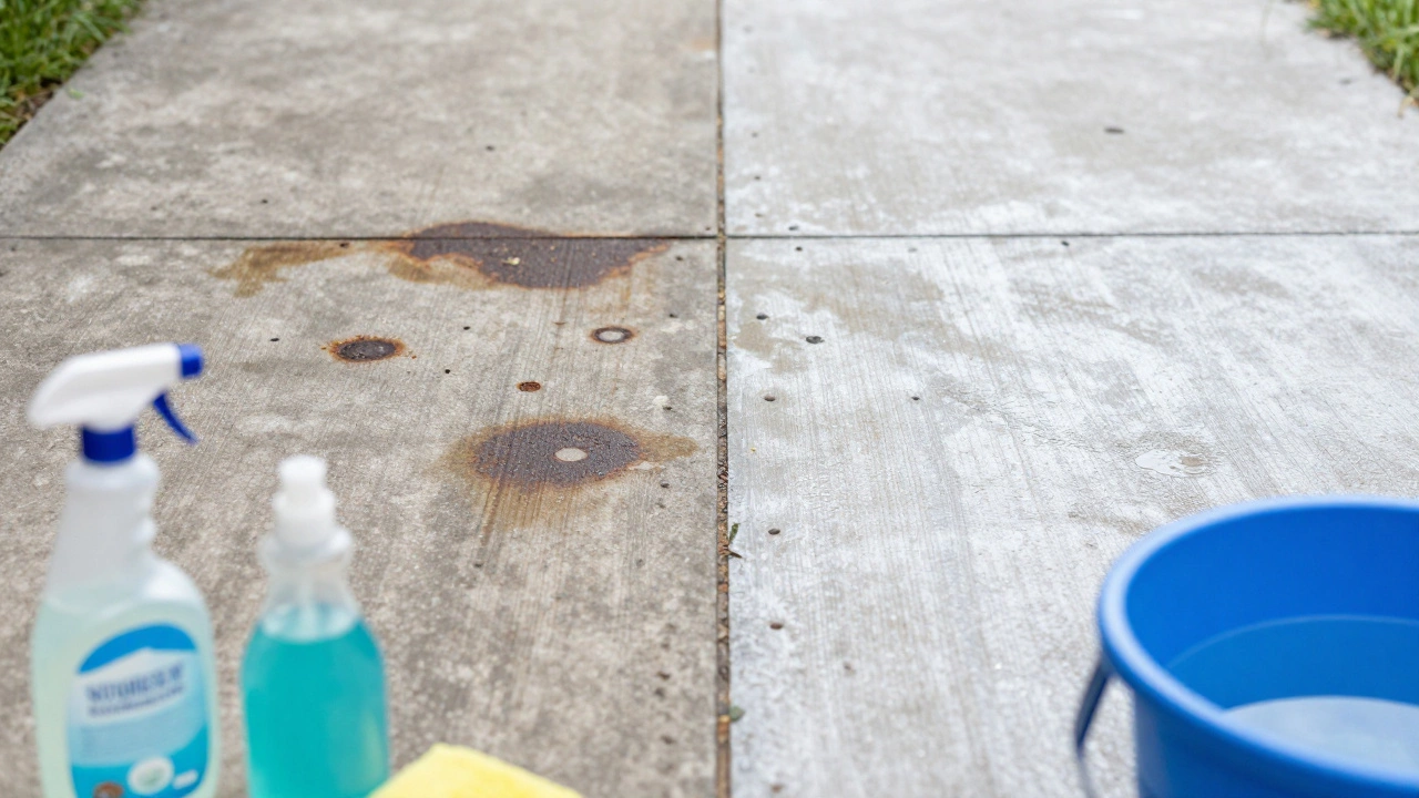 Split view of stained vs clean concrete driveway after chemical treatment