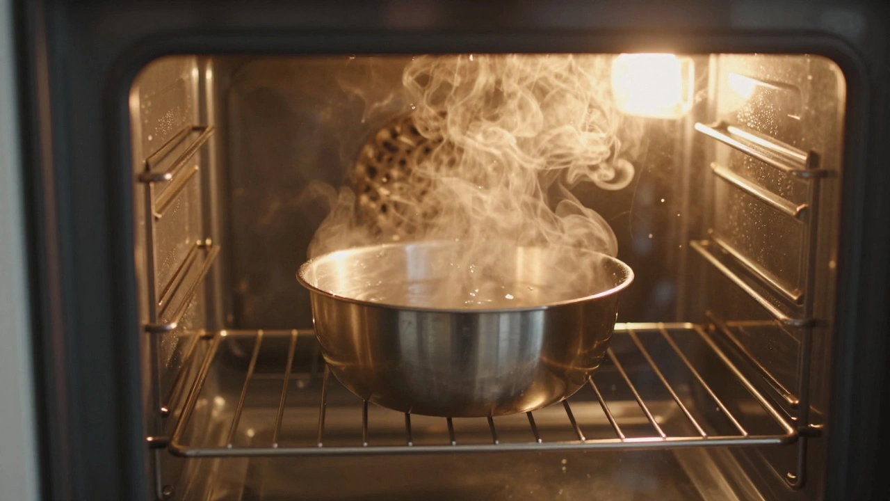 Steam rising from a bowl inside a hot oven