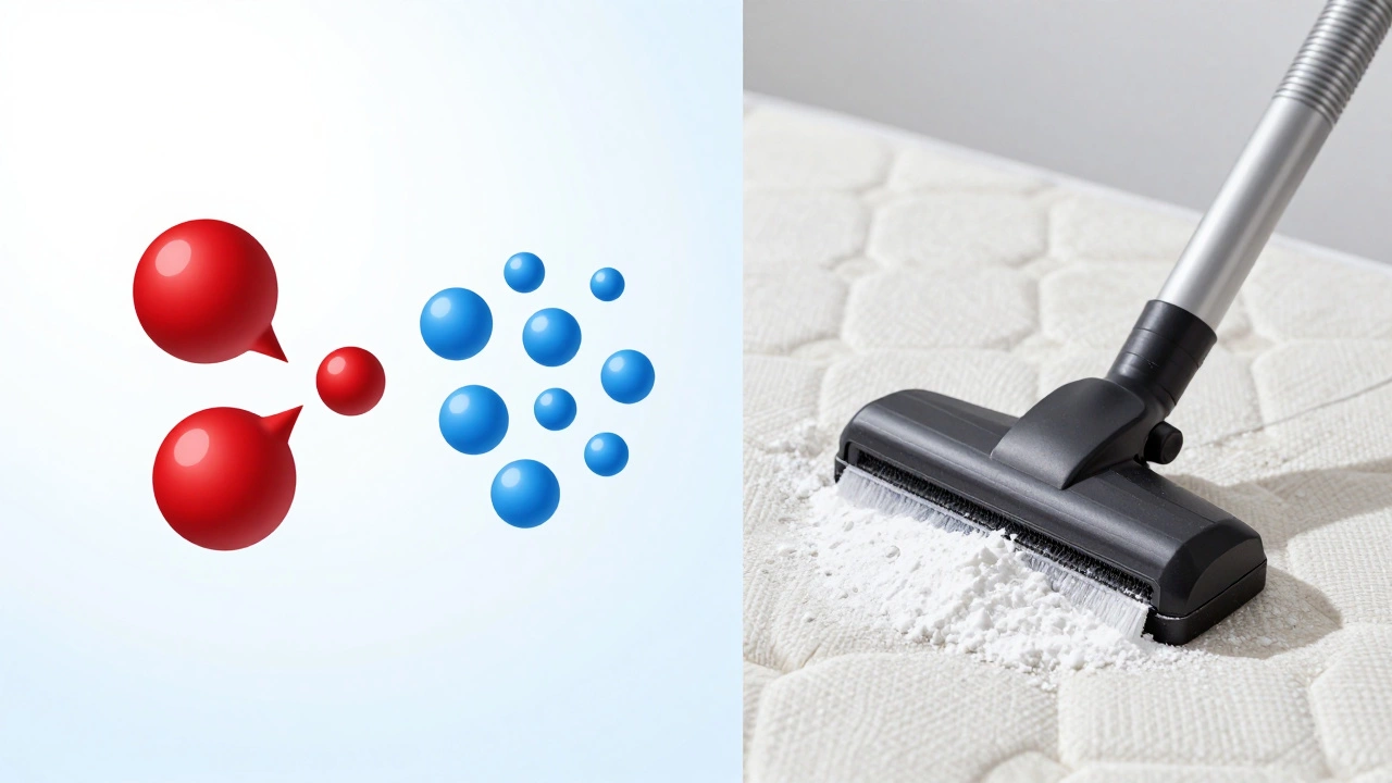 Vacuuming baking soda powder off a mattress surface