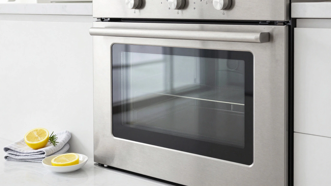 Clean stainless steel oven with lemon and cloth nearby