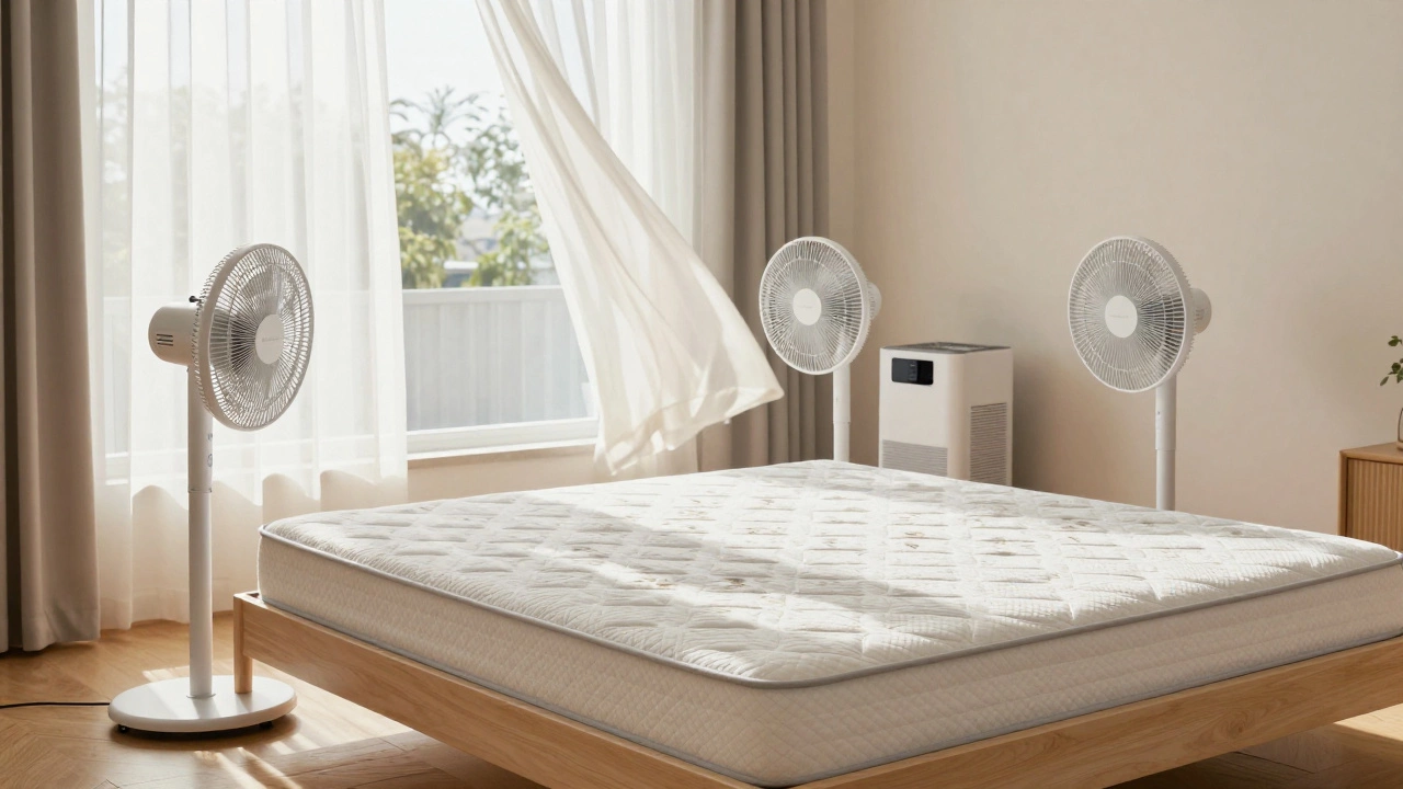 Mattress drying in sunny bedroom with fans and open windows